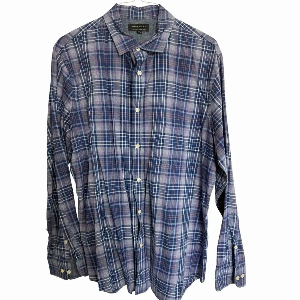 Banana Republic Mens XL Slim Fit Blue Purple Plaid Button Down Shirt 100% Cotton